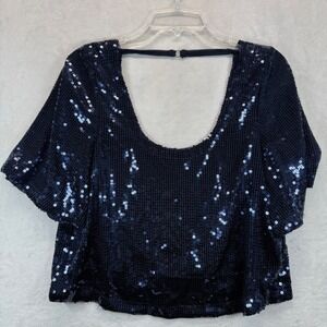 Free People Sequin Top Party Blouse Sparkly‎ Navy Blue Short Sleeve XS READ